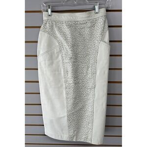 VTG 90s Pelle Cuir Womens White Leather Leopard Pencil Skirt Sz 8 fits like XS